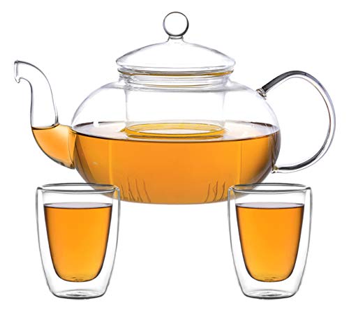 tea4chill Teeset Melina 1,3 Liter. Glas-Teekanne 1,3 Liter mit Glassieb und 2 doppelwandige Teegläser 100ml von tea4chill