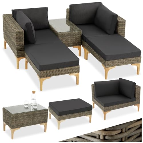 tectake® Outdoor Rattan Lounge, 5-teiliges Gartenmöbel Sofa Set, frei kombinierbar, mit Ecksessel, Hocker, Tisch, Gartenlounge, inkl Sitz- und Rückenkissen - Natur von tectake