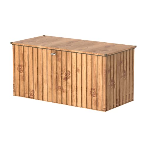 Duramax DH 1.9 (1450 L) Kissenbox aus Metall mit hydraulischer Gasdruckfeder und Vorhängeschlossöse, Terrassenbox und Gartenmöbelaufbewahrung für den Außenbereich, Holzmaserung von Duramax