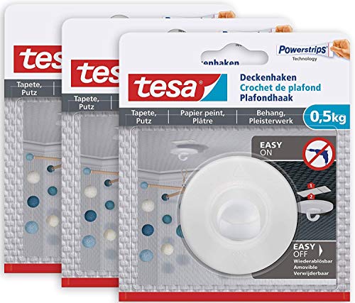 tesa Deckenhaken Tapeten & Putz -3er-Pack - selbstklebender Haken - ideal zur Befestigung von Deko-Objekten - hält bis zu 0,5kg/Haken - spurlos ablösbar von tesa