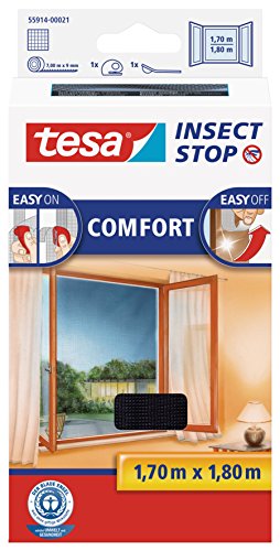 tesa Insect Stop COMFORT Fliegengitter für Fenster - Insektenschutz mit Klettband selbstklebend - Fliegen Netz ohne Bohren, anthrazit (durchsichtig) 170 cm x 180 cm von tesa
