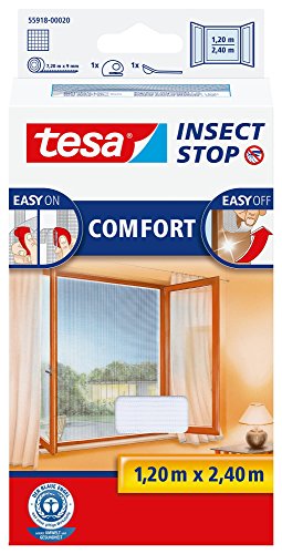 tesa Insect Stop COMFORT Fliegengitter für bodentiefe Fenster - Insektenschutz selbstklebend - Fliegen Netz ohne Bohren - weiß (leichter sichtschutz), 120 cm x 240 cm von tesa