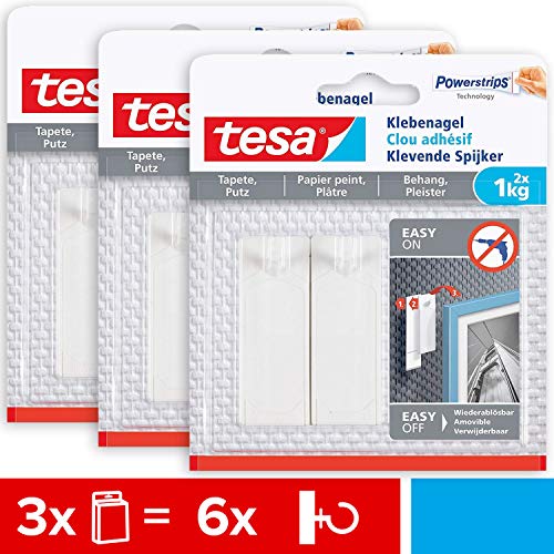 tesa Klebenagel für Tapeten und Putz 1kg im 3er Pack - Selbstklebende Nägel für empfindliche Oberflächen - rückstandslos - Bis zu 1 kg Halteleistung pro Nagel - 3 x 2 Klebenägel von Sundeer