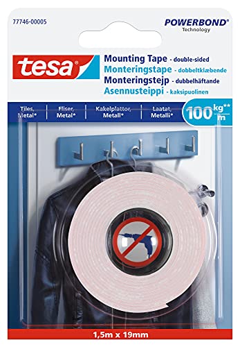 tesa Powerbond Doppelseitiges Befestigungsband für Fliesen und Metall - Wandmontageband - Feuchtraum, Badezimmer geeignet - 1,5 m x 19 mm - 100kg/m von tesa