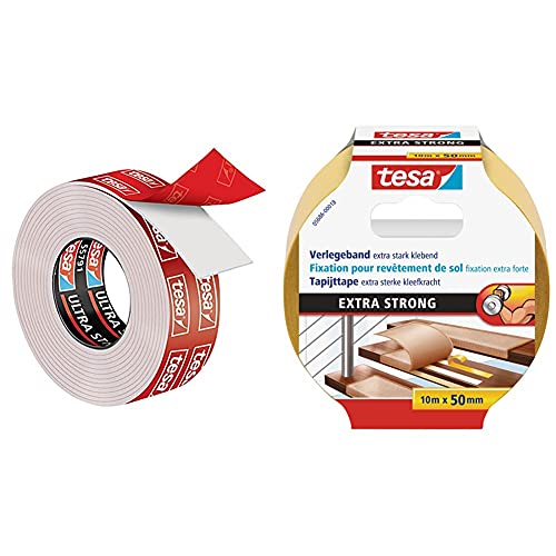 tesa Powerbond ULTRA STRONG - Doppelseitiges, extra starkes Montageband zur permanenten Befestigung- 1,5 m & Verlegeband extra stark klebend - Doppelseitiges Klebeband zum Verlegen 10 m x 50 mm von tesa