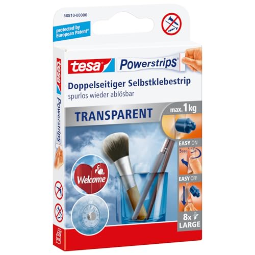 tesa Powerstrips transparent Deko - doppelseitige Klebestreifen für leichte Dekorationen, bis zu 1kg Haltekraft - selbstklebend, spurlos ablösbar - 1 x 8 Streifen von tesa