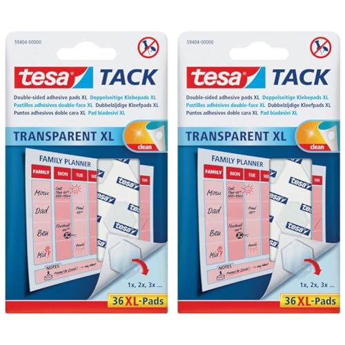 tesa doppelseitige Klebepads TACK XL/Transparente Klebestreifen zum Aufhängen an Wänden, Fenstern und Spiegeln / 1 x 36 Pads (Packung mit 2) von tesa