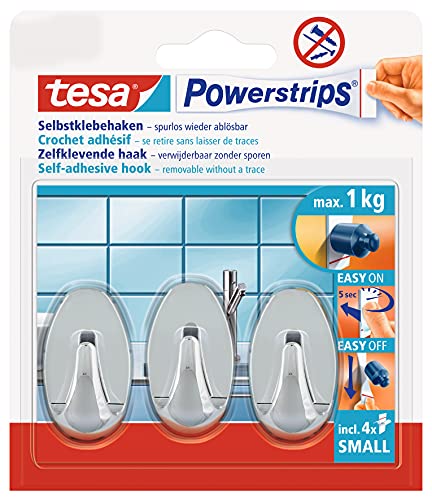 tesa Powerstrips Haken Small OVAL - Selbstklebender Wandhaken für Glas, Kacheln, Holz, Kunststoff und andere Untergründe - Chrom von tesa