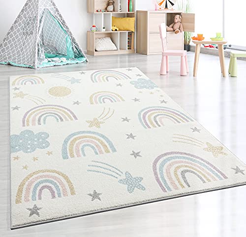 the carpet Beat Kids Moderner Weicher Kinderteppich, Weicher Flor, Pflegeleicht, Farbecht, Regenbogen Muster, Creme-Mix, 120 x 170 cm von the carpet