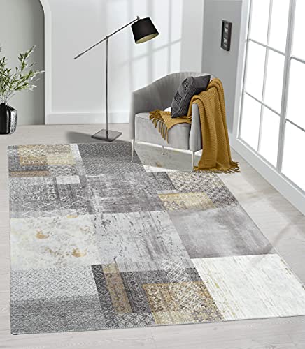 the carpet Elira Teppich Flachgewebe, Robust, Modernes Design, Vintage Optik, Used Look, Superflach, Baumwolle, waschbar, Patchwork, Grau, ca. 240 x 340 cm von the carpet