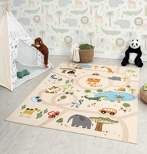 the carpet Happy Life Kinderzimmer, Kinderteppich, Spielteppich, Waschbar, Straßenteppich, Straße, Dschungel, Tiere, Auto, Beige, 140 x 200 cm von the carpet