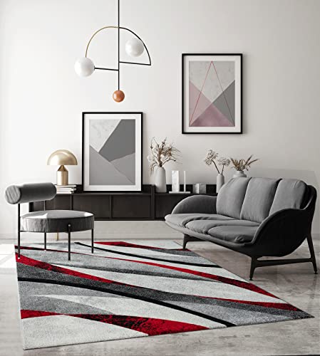 the carpet Monde Moderner Designer Wohnzimmer Teppich, Weicher Kurzflor, Hoch Tief Effekt, handgearbeiteter Konturenschnitt, 3D, Vintage, Wellen Muster, Grau-Rot, 120 x 170 cm von the carpet