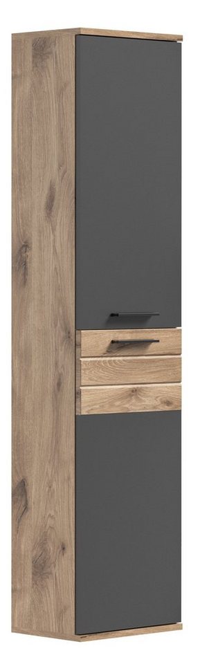 the kuup Hochschrank Bad Hochschrank I Modell TK8 I Korpus Nox Oak Eiche Nachbildung I Front Balsat Grau Nachbildung I Abgesetzte Rillen von the kuup