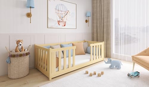 thematys® FERO Montessori Bodenbett 90x200 mit Rausfallschutz und Lattenrost - Kinderbett für Jungen und Mädchen, aus Kiefernholz (Natur ohne Matratze) von thematys