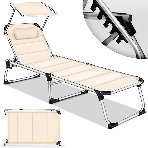 tillvex® Sonnenliege mit Dach und Kopfkissen | Gartenliege Liegestuhl klappbar | Strandliege mit Verstellbarer Rückenlehne | Aluminium Liege von tillvex