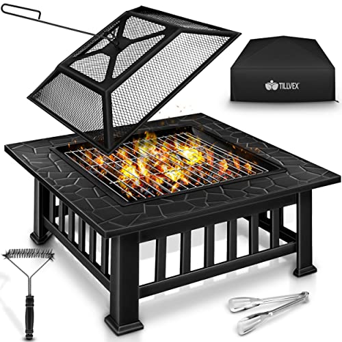 tillvex Feuerschale mit Funkenschutz & Grillrost | Feuerstelle Outdoor für den Garten | 3 in 1 BBQ Grill mit Abdeckung, Schürhaken, Zange & Kohlerost von tillvex