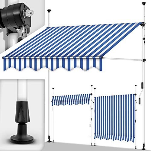 tillvex Klemmmarkise 300cm Blau-Weiß mit Handkurbel Balkon | Balkonmarkise ohne Bohren | Markise UV-beständig & höhenverstellbar | Sonnenschutz wasserdicht von tillvex