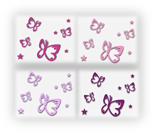 XL MIXED SET Fahrradaufkleber, Schmetterlinge mit Sternen ~Pink Miss~, 32 Stück Autoaufkleber bunte Sticker Outdoor, Wandtattoo & Fensterbild in 4 Farben, pink, rosa, lila, flieder von timalo