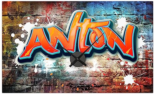 timalo® Coole Gamer Uhr Gaming Poster personalisiert mit Namen | Zimmer Dekoration Banner Bild mit Uhrwerk Deko Wanduhr Wandbild Graffiti orange | pu-15-120x61cm-d von timalo