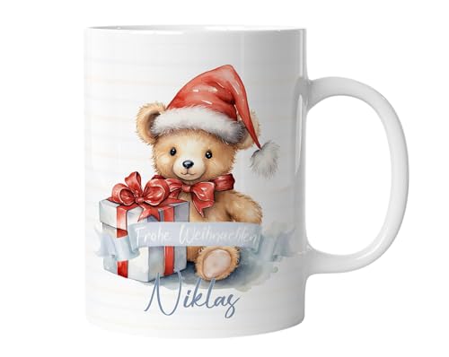 timalo® Tasse personalisiert mit Namen Geschenk „Frohe Weihnachten“ Kaffeetasse Jungen und Mädchen | Teddy von timalo
