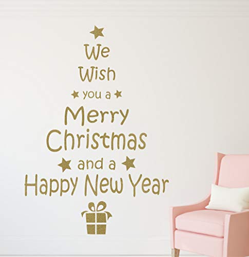 timalo® Wandtattoo Tannenbaum – Text Frohe Weihnachten Merry Christmas Happy New Year – Fensterbild | 70032-gold-29x42 von timalo