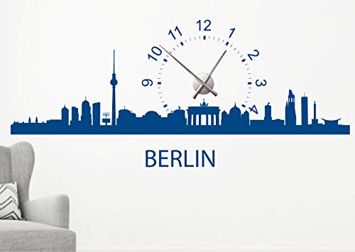timalo® Wandtattoo mit Uhrwerk Wanduhr fürs Wohnzimmer DIY Uhr zum Aufkleben – Skyline Berlin | 76061-Schwarz-M-130x58-Uhr-silber von timalo