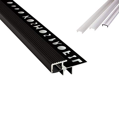 T-40 LED Alu Fliesenprofil Treppenprofil Stufen 10mm schwarz + Abdeckung Abschlussleiste Fliesen für LED-Streifen-Strip 1m opal von tktrading24
