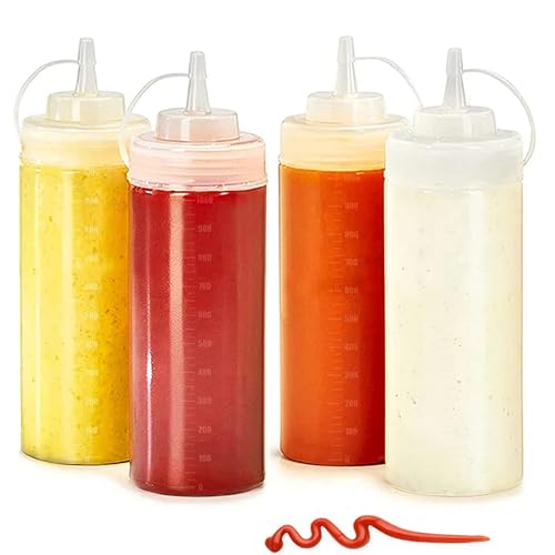 trabag 4 Stück Saucenflasche, 500ml Squeeze Flasche, 16oz Mit Kappe Dosierflasche, Quetschflasche Spritzflasche 500ml Squeeze Flasche für Gewürze, Ketchup, Senf, Mayo, Olivenöl, Klar, Malen von trabag