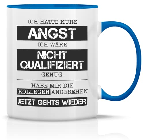 tradercat Tasse mit Spruch I Ich hatte kurz Angst I Tasse Job I Kaffeetasse lustig 330ml I kaffebecher tasse für Zuhause und als schönes Geschenk oder als kaffee tasse für die Arbeit (Blau Innen) von tradercat