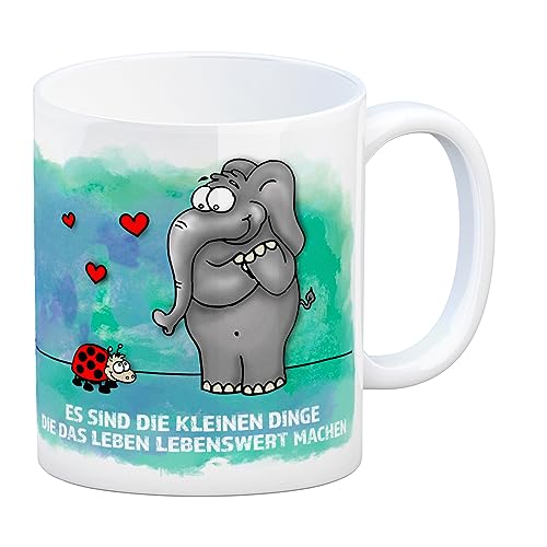 Kaffeebecher mit Elefant und Marienkäfer Motiv und Spruch: Es sind die kleine Dinge... von trendaffe