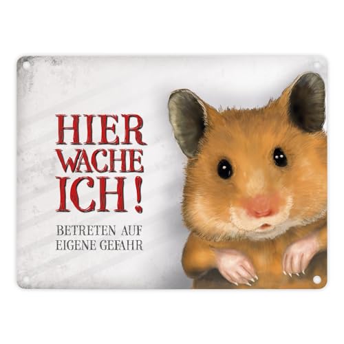 Metallschild mit Hamster Motiv und Spruch: Betreten auf eigene Gefahr - Hier wache ich! von trendaffe