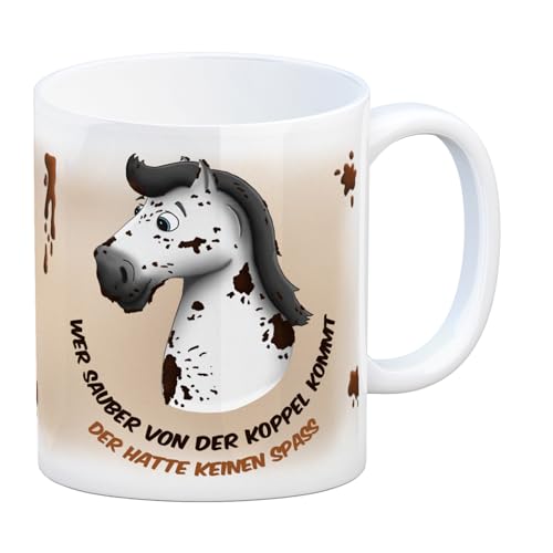 trendaffe Kaffeebecher mit weißes Pferd Motiv und Spruch: Wer sauber von der Koppel kommt der hatte keinen Spaß von trendaffe