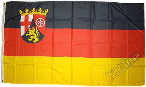 Top Qualität - Flagge RHEINLAND-PFALZ MIT WAPPEN Fahne, 250 x 150 cm, EXTREM REIßFEST, Keine BILLIG-CHINAWARE, Stoffgewicht ca. 100 g/m², sehr robust, extra starke Messing-Ösen von trends4cents