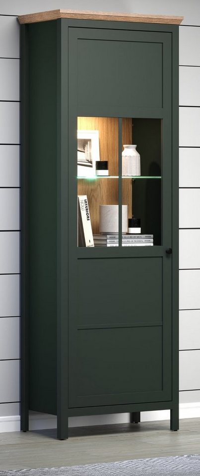 Furn.Design Standvitrine Stanton (Vitrinenschrank in Landhaus grün mit Eiche, 69 x 198 cm) inklusive Beleuchtung von Furn.Design