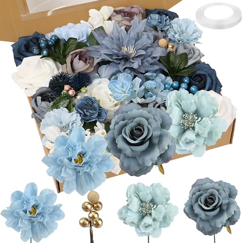 twirush Seidenblumen, Künstlicher Blumenstrauß, Blumen Combo Box, mit Stielen und 1 Rolle Band für DIY Blumenarrangements Blumensträuße Hochzeit Party Zuhause Babyparty Deko (Blau) von twirush