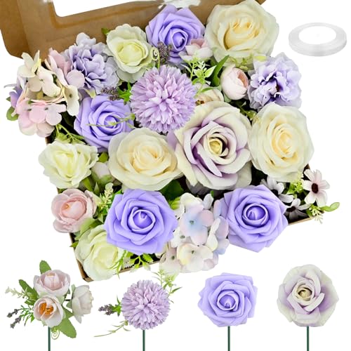 twirush Seidenblumen, Künstlicher Blumenstrauß, Blumen Combo Box, mit Stielen und 1 Rolle Band für DIY Blumenarrangements Blumensträuße Hochzeit Party Zuhause Babyparty Deko (Lila,Weiß) von twirush