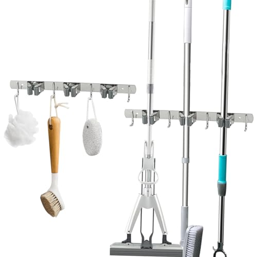 twirush 2 Stück Besenhalterung Wand, Edelstahl Besen Mop Haltermit 3 Halter und 4 Haken, Besenhalter mit Nails Installieren, Besenhalter Selbstklebend Werkzeughalter Organizer für Garten, Garage von twirush