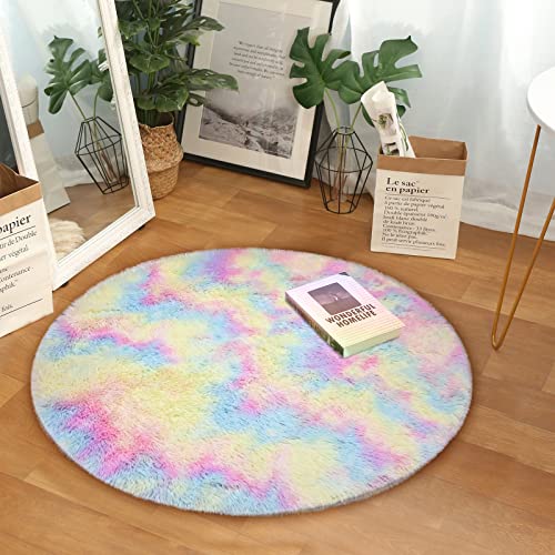 twirush Hochflor Teppich Rund Wohnzimmer Super weich Shaggy Teppich Flauschiger, Kinderzimmer Klein Plüschteppiche fürs Wohnzimmer, Schlafzimmer, Esszimmer (Regenbogen, 100 cm) von twirush