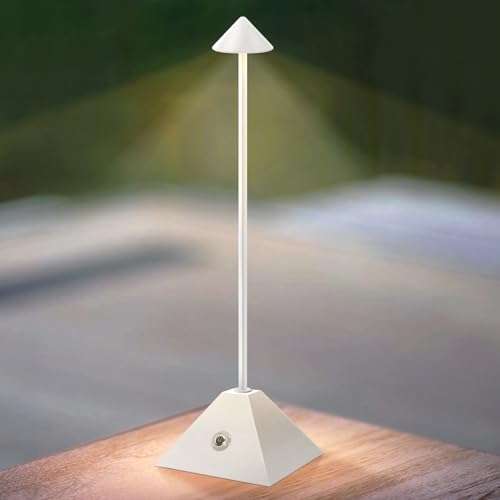 uuffoo Dimmbare LED Tischlampe Tragbare Touch Metal Tischlampe Kabellos Innen-/Außenbereich Wasserdicht Aufladbar Akku Tischlampen für Restaurant, Bar, Nachttisch, Schreibtisch, Balkon (Weiß, Kegel) von uuffoo