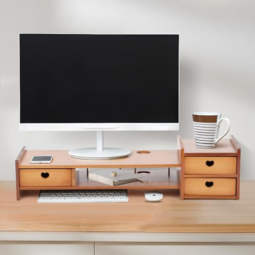 uyoyous Monitorständer Bambus Unterbau Bildschirm, Holz PC Bildschirm Ständer Montage Erforderlich Monitorständer Mit 3 Schublade Exquisit Bildschirmerhöhung Schreibtisch von uyoyous