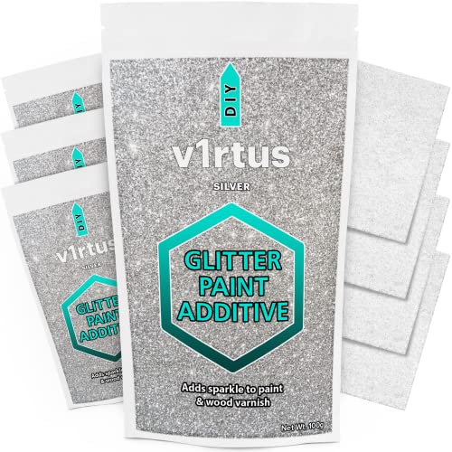 v1rtus Silber Glitzerzusatz für Farbe [400g] mit 4x Schwabbelpads zum Streichen von Glitzerwänden - Zu Emulsionsfarbe, Innen oder Außen hinzufügen für Einfache Glitzerwände, Decke von v1rtus