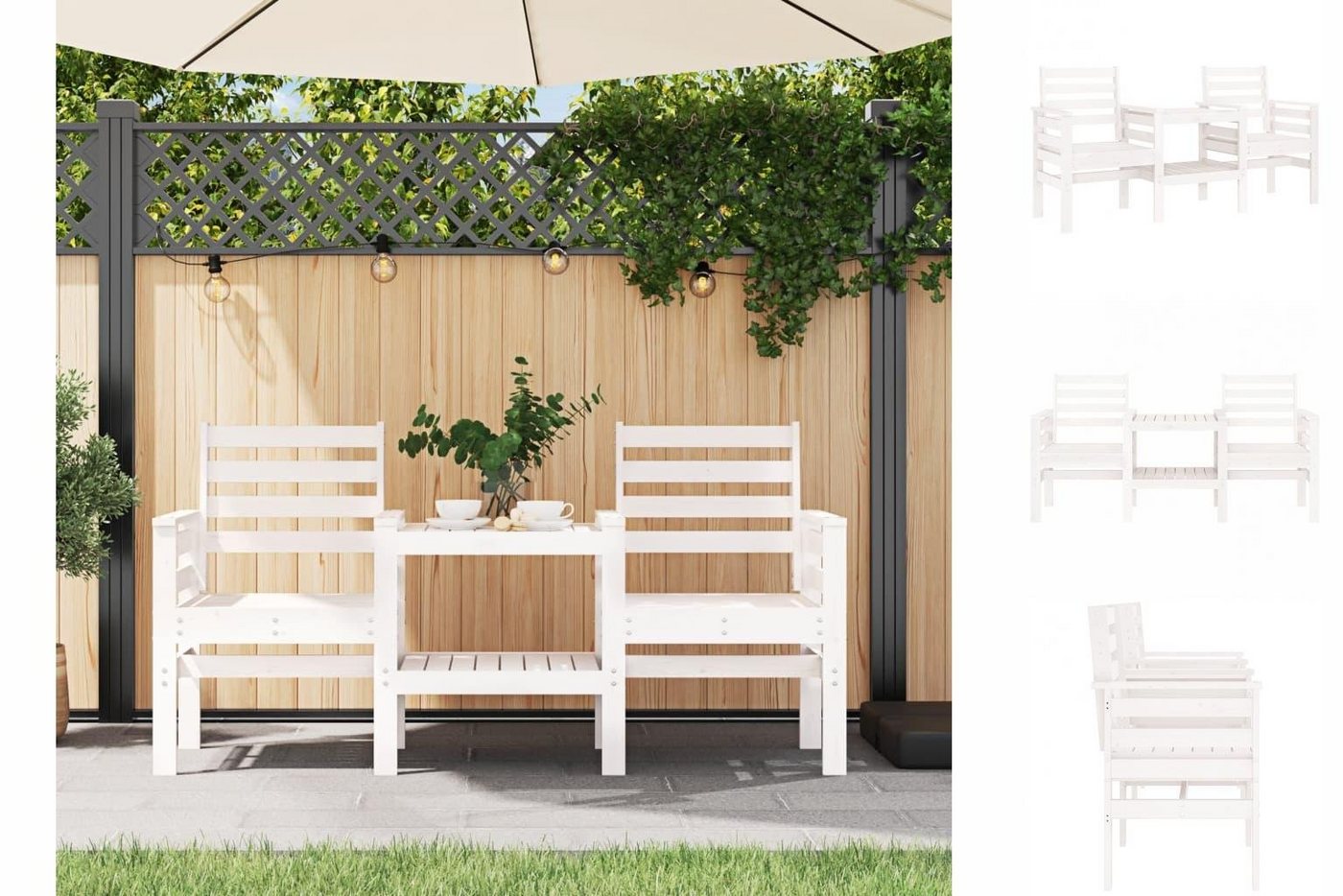vidaXL Gartenbank Gartenbank mit Tisch 2-Sitzer Weiß Massivholz Kiefer von vidaXL