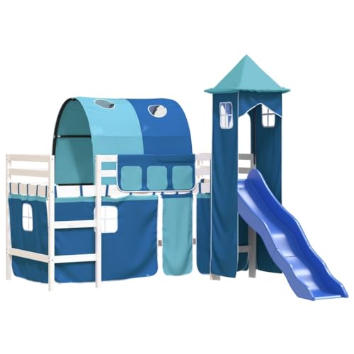 vidaXL Kinderhochbett, Hochbett mit Turm Rutsche, Spielbett Bett für Kinder ab 6 Jahren, Kinderbett Etagenbett Stockbett, Blau 90x200cm Massivholz Kiefer von vidaXL