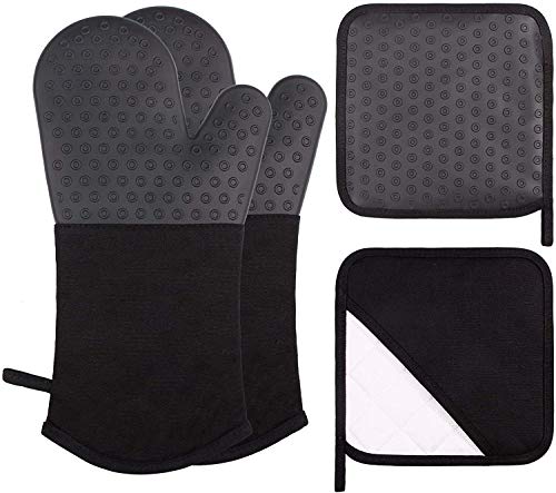 webake Ofenhandschuhe Set Silikon Hitzebestaendig Handschuhe 1 Paar und 2 Topflappen Schwarz Anti-Rutsch Kochhandschuhe Topfhandschuhe für Kochen Backen Ofen von webake