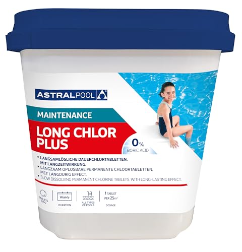 Astralpool Long Chlor Plus 250g Langzeit Chlortablette 1 kg, Langzeit-Chlor für Pools und Whirlpools - hohe Wirkstoffkonzentration, super lange Wirkungsdauer, optimale Löslichkeit, weniger Chlorgeruch von wellnessmax