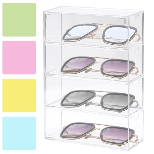 Aufbewahrungsbox für Brillen, Transparente Acryl Sonnenbrillen Brillenorganizer Verdickter Brillenbox, Stapelbar Schmuckkasten Brillenständer mit 4 Schubladen für Brillen, Kosmetika, Lesebrillen von wiksite