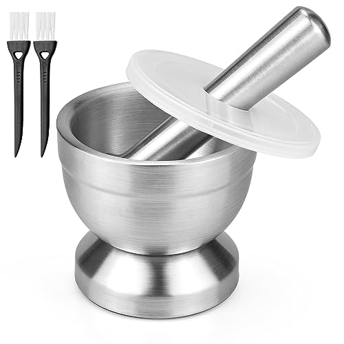 Mörser mit Stößel, Edelstahl Mörser & Stößel Set mit Deckel & Reinigungsbürste Klein Mörser mit Schlegel, Ø 10cm (3.9") Lebensmittelecht Pestle & Mortar Gewürzmörser zum Mahlen, Zerkleinern & Pürieren von wiksite