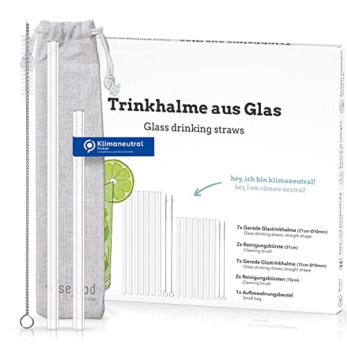 Wisefood Glas Strohhalme - Glas-Trinkhalm Set - Wiederverwendbare Glashalme - 14x lang 14x kurz 8x Reinigungsbürsten - Nachhaltige und plastikfreie Mehrweg Trinkhalme mit Aufbewahrungsbeutel von wisefood