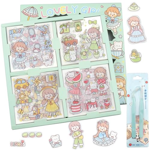 wocpvm 100 Blätter Kawaii Scrapbook Stickers Sticker Mädchen Transparentes PET Scrapbooking Aufkleber Cute Sticker mit Pinzette für Scrapbook Bullet Journal, Tagebuch, DIY-Handwerk von wocpvm