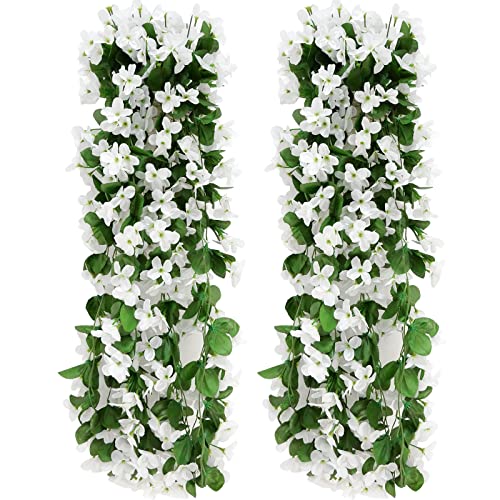 wocpvm 2 Stück 70CM künstlicher Efeu mit Weiß Blüten Kunstblumen Veilchen Hängeblumen Künstlich Künstliche Blumen Weiß für Büro, Zuhause Dekoration, Hausgarten, Party, Weiß von wocpvm